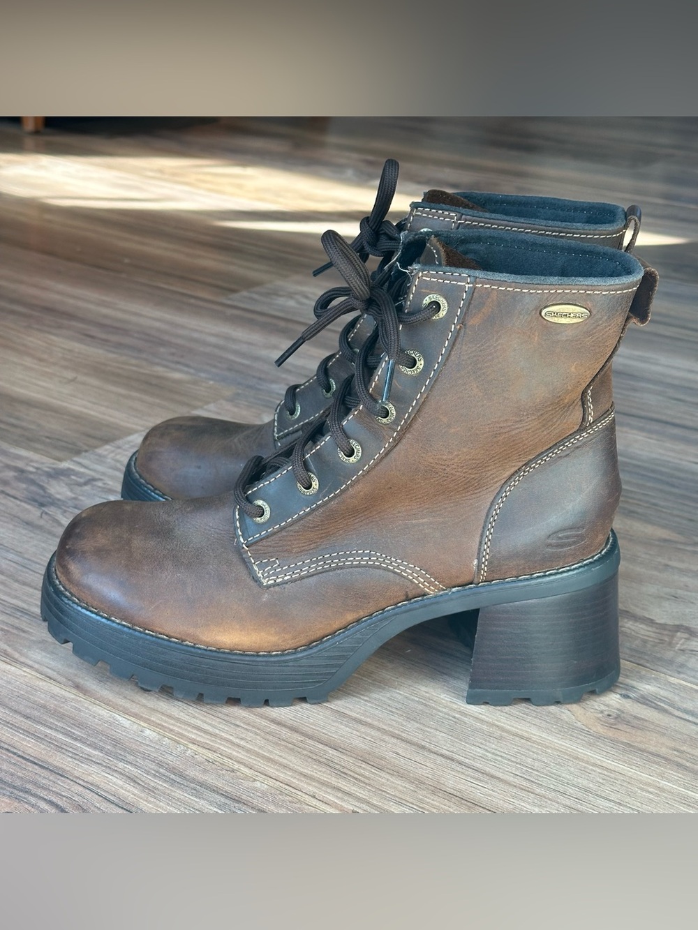Vintage Y2K 90s Skechers 1253 Brown Leather Chunky Heel Platform Boots Size 11